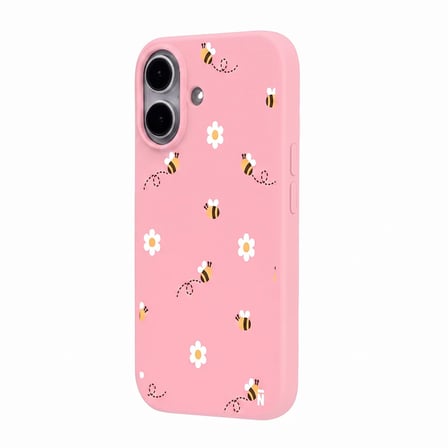 iPhone 17 Pembe Lansman Renkli Silikon Bees and Flowers Tasarımlı Kılıf