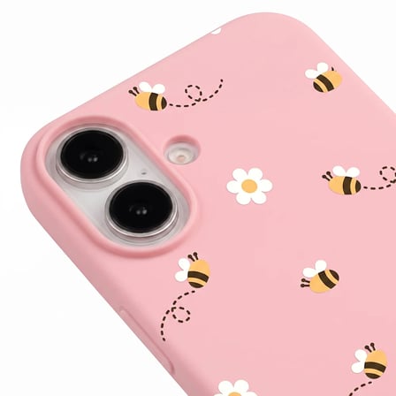 iPhone 17 Pembe Lansman Renkli Silikon Bees and Flowers Tasarımlı Kılıf