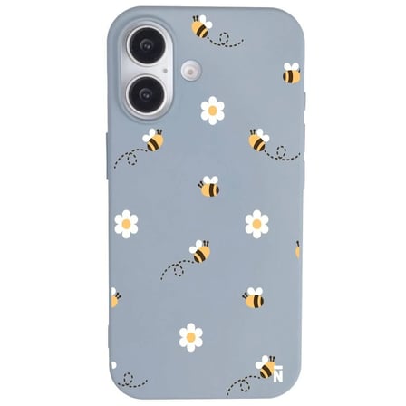 iPhone 16 Plus Mavi Lansman Renkli Silikon Bees and Flowers Tasarımlı Kılıf