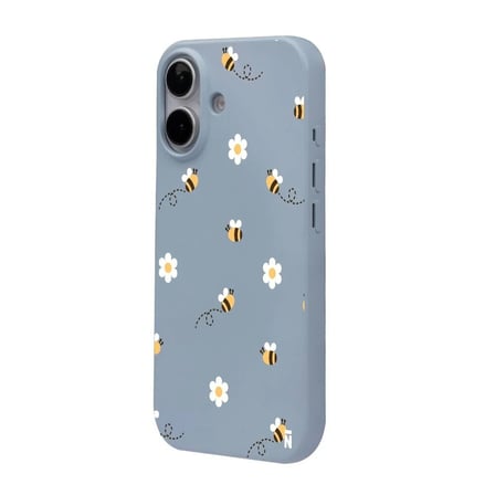iPhone 16 Plus Mavi Lansman Renkli Silikon Bees and Flowers Tasarımlı Kılıf