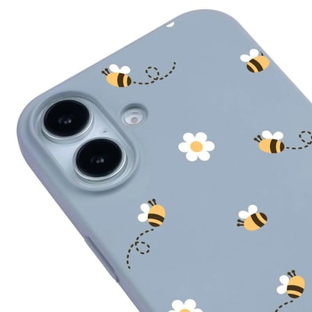 iPhone 16 Plus Mavi Lansman Renkli Silikon Bees and Flowers Tasarımlı Kılıf