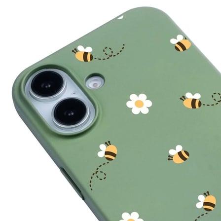 iPhone 16 Plus Yeşil Lansman Renkli Silikon Bees and Flowers Tasarımlı Kılıf