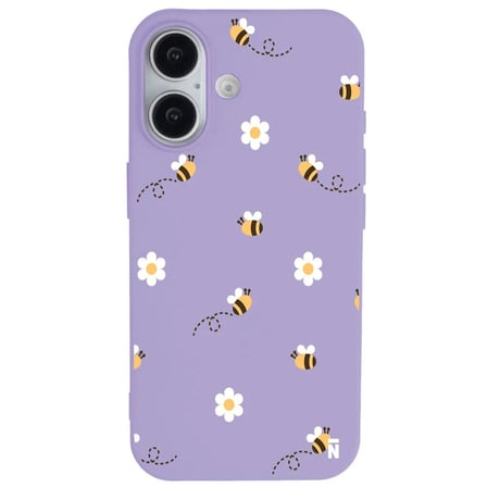 iPhone 16 Plus Lila Lansman Renkli Silikon Bees and Flowers Tasarımlı Kılıf