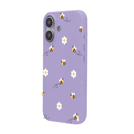 iPhone 16 Plus Lila Lansman Renkli Silikon Bees and Flowers Tasarımlı Kılıf