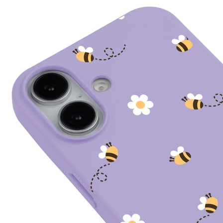 iPhone 16 Plus Lila Lansman Renkli Silikon Bees and Flowers Tasarımlı Kılıf