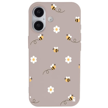 iPhone 16 Plus Pudra Lansman Renkli Silikon Bees and Flowers Tasarımlı Kılıf