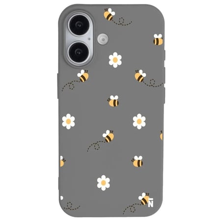 iPhone 16 Gri Lansman Renkli Silikon Bees and Flowers Tasarımlı Kılıf