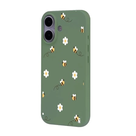 iPhone 16 Yeşil Lansman Renkli Silikon Bees and Flowers Tasarımlı Kılıf