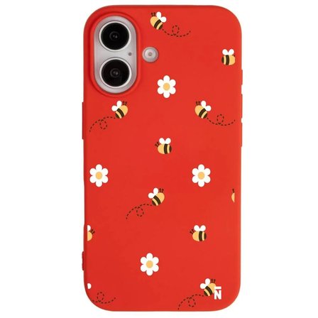 iPhone 16 Kırmızı Lansman Renkli Silikon Bees and Flowers Tasarımlı Kılıf