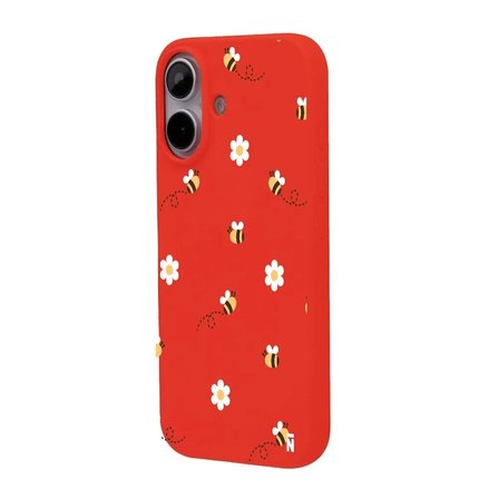 iPhone 16 Kırmızı Lansman Renkli Silikon Bees and Flowers Tasarımlı Kılıf