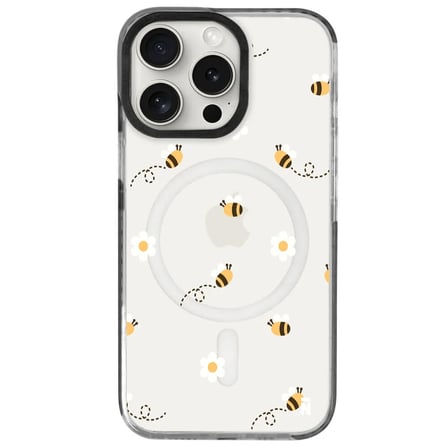 iPhone 14 Pro Yanları Siyah Magsafe Arty Şeffaf Bees and Flowers Tasarımlı Premium Kılıf