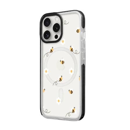 iPhone 14 Pro Yanları Siyah Magsafe Arty Şeffaf Bees and Flowers Tasarımlı Premium Kılıf
