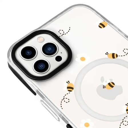 iPhone 14 Pro Yanları Siyah Magsafe Arty Şeffaf Bees and Flowers Tasarımlı Premium Kılıf