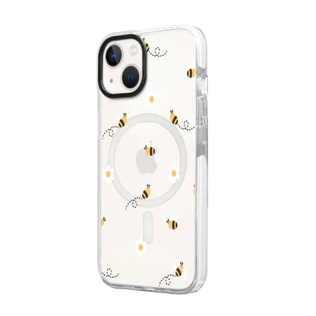 iPhone 15 Plus Yanları Beyaz Magsafe Arty Şeffaf Bees and Flowers Tasarımlı Premium Kılıf