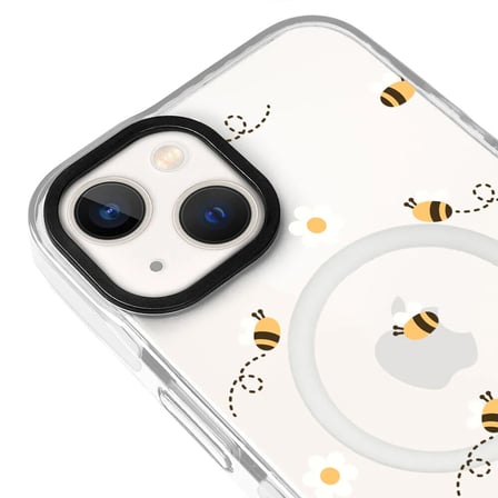iPhone 15 Plus Yanları Beyaz Magsafe Arty Şeffaf Bees and Flowers Tasarımlı Premium Kılıf