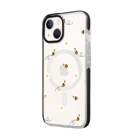 iPhone 14 Plus Yanları Siyah Magsafe Arty Şeffaf Bees and Flowers Tasarımlı Premium Kılıf