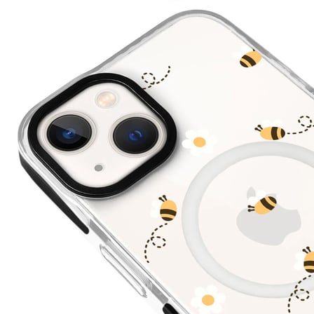 iPhone 14 Plus Yanları Siyah Magsafe Arty Şeffaf Bees and Flowers Tasarımlı Premium Kılıf