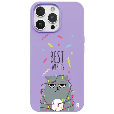 iPhone 16 Pro Max Lila Lansman Renkli Silikon Best Wishes Kedi Tasarımlı Kılıf