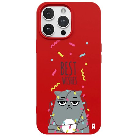 iPhone 16 Pro Max Kırmızı Lansman Renkli Silikon Best Wishes Kedi Tasarımlı Kılıf