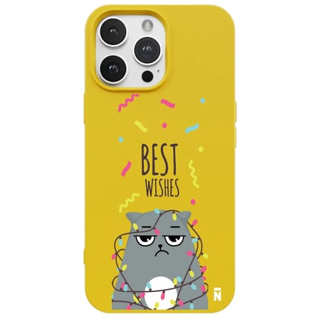 iPhone 16 Pro Max Sarı Lansman Renkli Silikon Best Wishes Kedi Tasarımlı Kılıf
