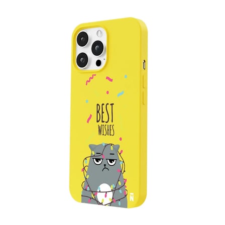iPhone 16 Pro Max Sarı Lansman Renkli Silikon Best Wishes Kedi Tasarımlı Kılıf