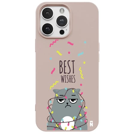 iPhone 15 Pro Max Pudra Lansman Renkli Silikon Best Wishes Kedi Tasarımlı Kılıf
