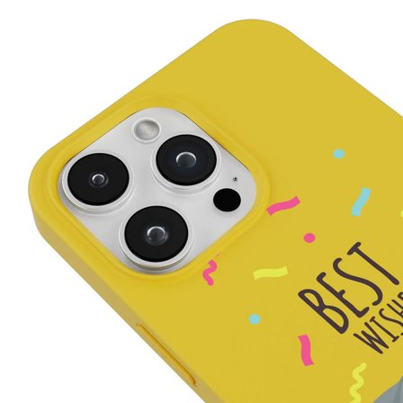 iPhone 15 Pro Max Sarı Lansman Renkli Silikon Best Wishes Kedi Tasarımlı Kılıf