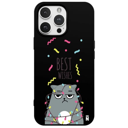 iPhone 13 Pro Max Siyah Lansman Renkli Silikon Best Wishes Kedi Tasarımlı Kılıf