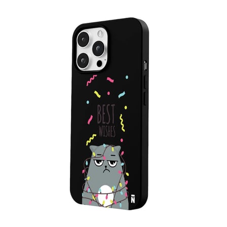 iPhone 13 Pro Max Siyah Lansman Renkli Silikon Best Wishes Kedi Tasarımlı Kılıf