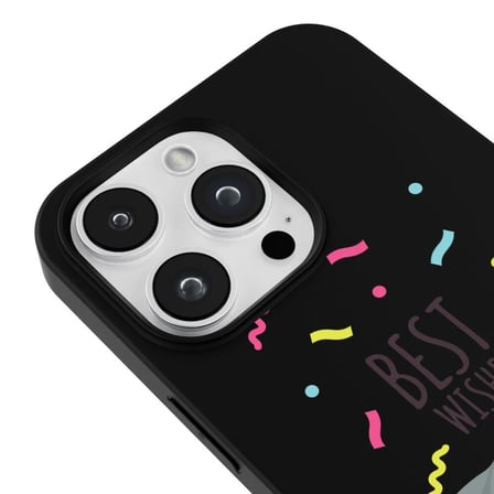 iPhone 13 Pro Max Siyah Lansman Renkli Silikon Best Wishes Kedi Tasarımlı Kılıf