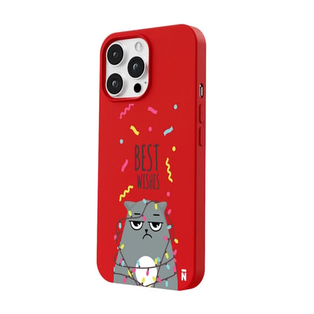 iPhone 12 Pro Max Kırmızı Lansman Renkli Silikon Best Wishes Kedi Tasarımlı Kılıf