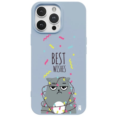 iPhone 11 Pro Max Mavi Lansman Renkli Silikon Best Wishes Kedi Tasarımlı Kılıf