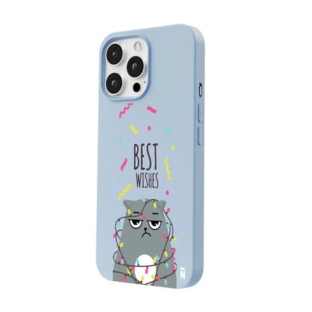 iPhone 11 Pro Max Mavi Lansman Renkli Silikon Best Wishes Kedi Tasarımlı Kılıf