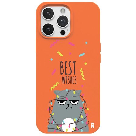 iPhone 11 Pro Max Turuncu Lansman Renkli Silikon Best Wishes Kedi Tasarımlı Kılıf