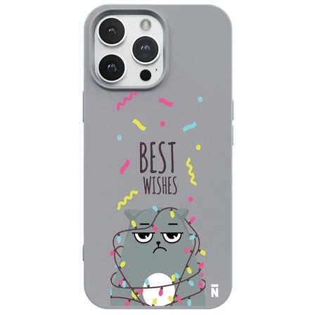 iPhone 15 Pro Gri Lansman Renkli Silikon Best Wishes Kedi Tasarımlı Kılıf