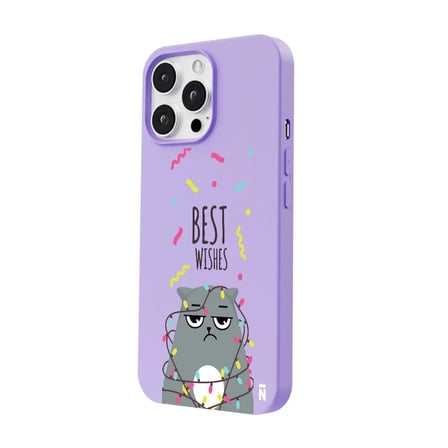 iPhone 14 Pro Lila Lansman Renkli Silikon Best Wishes Kedi Tasarımlı Kılıf