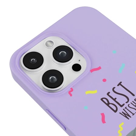 iPhone 14 Pro Lila Lansman Renkli Silikon Best Wishes Kedi Tasarımlı Kılıf