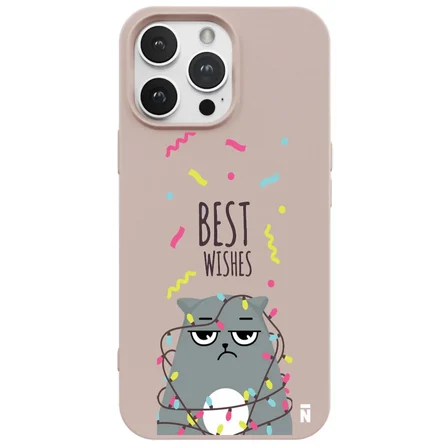 iPhone 14 Pro Pudra Lansman Renkli Silikon Best Wishes Kedi Tasarımlı Kılıf