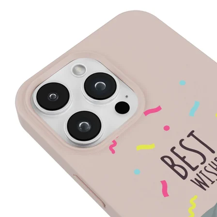 iPhone 14 Pro Pudra Lansman Renkli Silikon Best Wishes Kedi Tasarımlı Kılıf