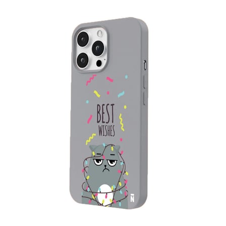 iPhone 13 Pro Gri Lansman Renkli Silikon Best Wishes Kedi Tasarımlı Kılıf