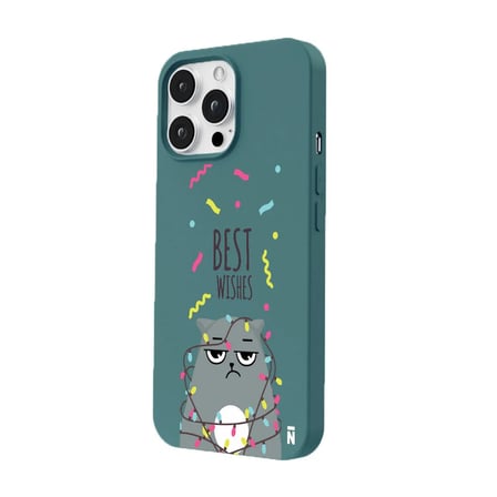 iPhone 13 Pro Haki Lansman Renkli Silikon Best Wishes Kedi Tasarımlı Kılıf