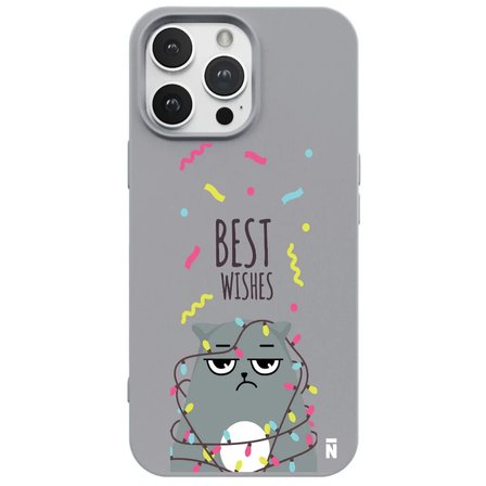iPhone 12 Pro Gri Lansman Renkli Silikon Best Wishes Kedi Tasarımlı Kılıf