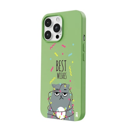 iPhone 12 Pro Yeşil Lansman Renkli Silikon Best Wishes Kedi Tasarımlı Kılıf