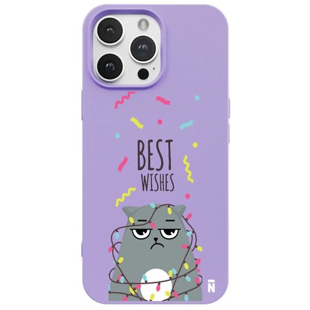 iPhone 12 Pro Lila Lansman Renkli Silikon Best Wishes Kedi Tasarımlı Kılıf