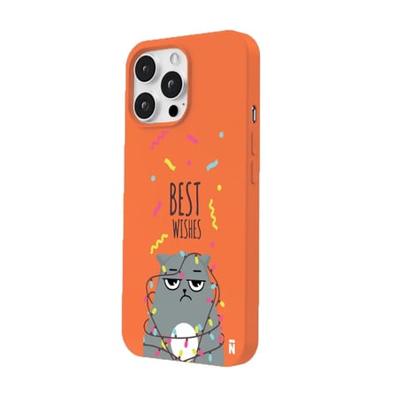 iPhone 11 Pro Turuncu Lansman Renkli Silikon Best Wishes Kedi Tasarımlı Kılıf