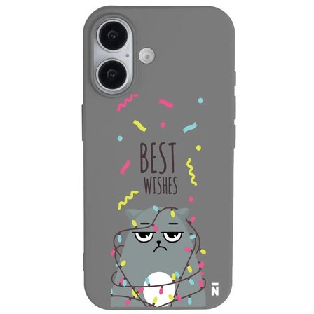 iPhone 17 Gri Lansman Renkli Silikon Best Wishes Kedi Tasarımlı Kılıf