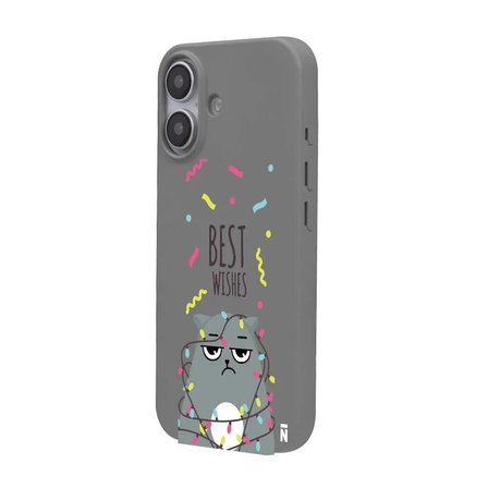 iPhone 17 Gri Lansman Renkli Silikon Best Wishes Kedi Tasarımlı Kılıf
