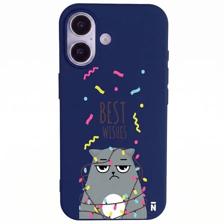 iPhone 17 Lacivert Lansman Renkli Silikon Best Wishes Kedi Tasarımlı Kılıf