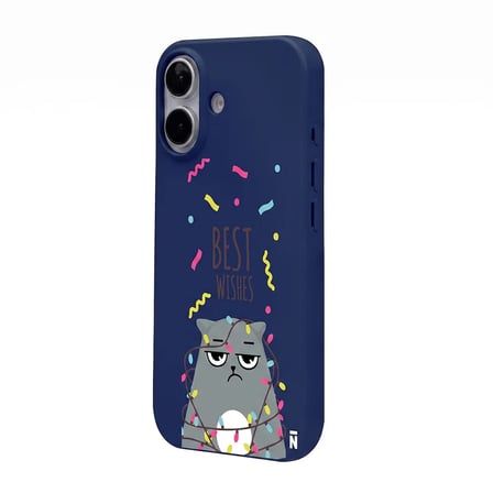 iPhone 17 Lacivert Lansman Renkli Silikon Best Wishes Kedi Tasarımlı Kılıf