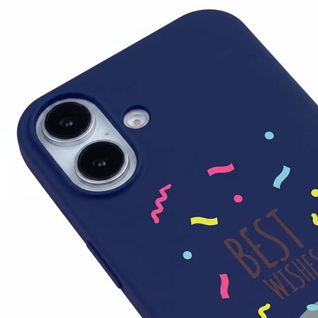 iPhone 17 Lacivert Lansman Renkli Silikon Best Wishes Kedi Tasarımlı Kılıf